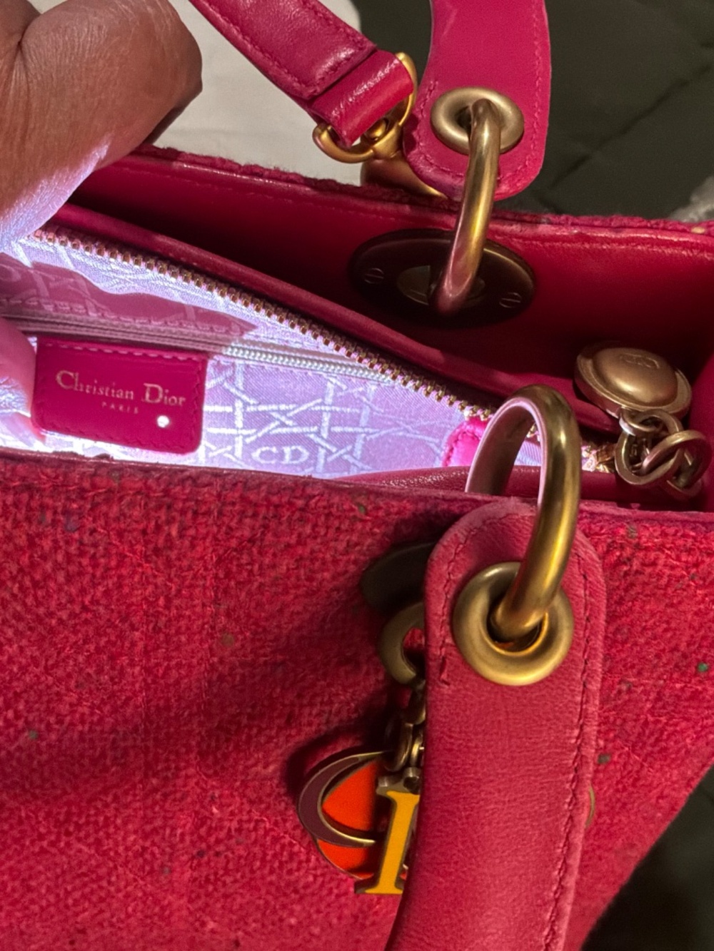Pink tweed Lady Dior with multicolor charms and fabric - Picture 8 of 14